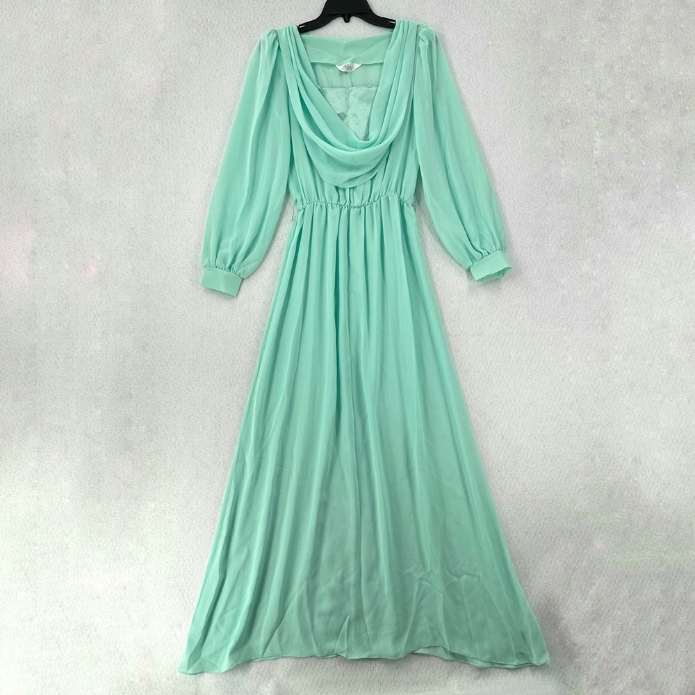 VTG 80s Alicia Maxi Dress Chiffon Evening Gown Teal/Mint Green Flowy Romantic